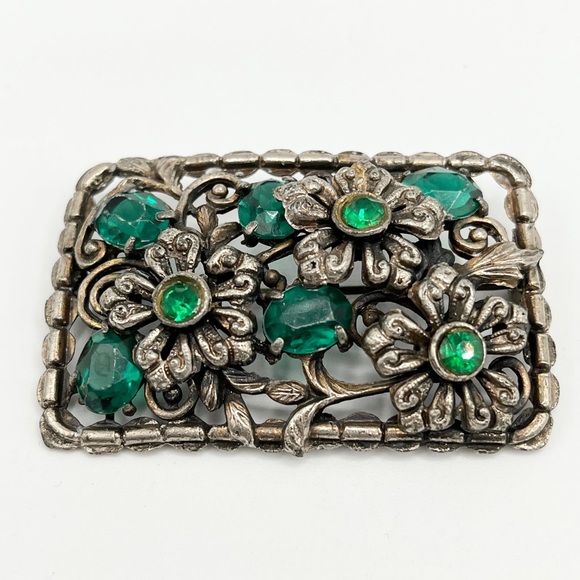 Antique Art Nouveau Green Glass Floral Pin Brooch